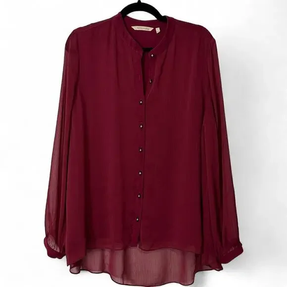 Soft Surroundings Burgundy Collarless Capizzi Top with Sheer Sleeves (L) - Picture 2 of 11